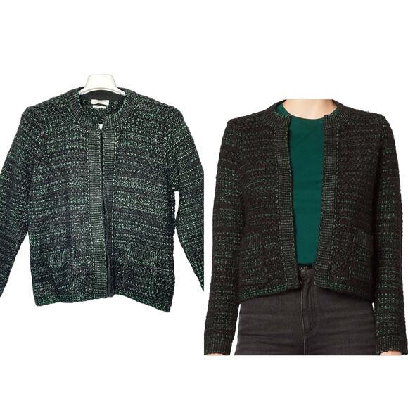 Sandro Green Black Tweed Cardigan Size 3 US Large Hook Closure Pockets - Picture 1 of 14